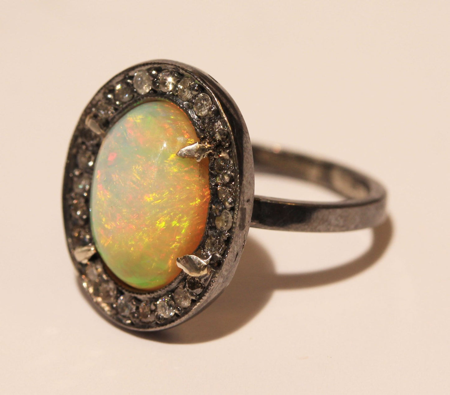 Opal & Diamond Ring- Sterling Silver Rhodium Plated #1394
