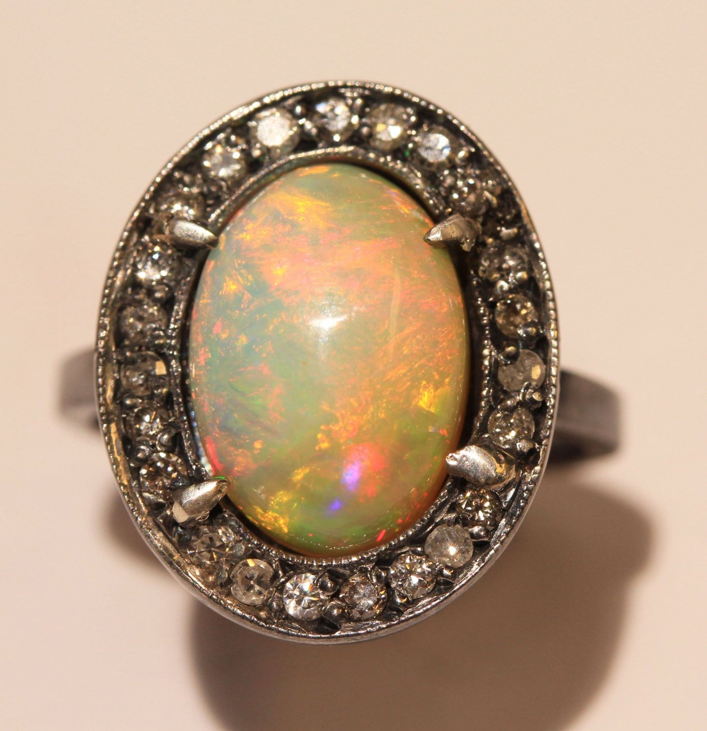 Opal & Diamond Ring- Sterling Silver Rhodium Plated #1394