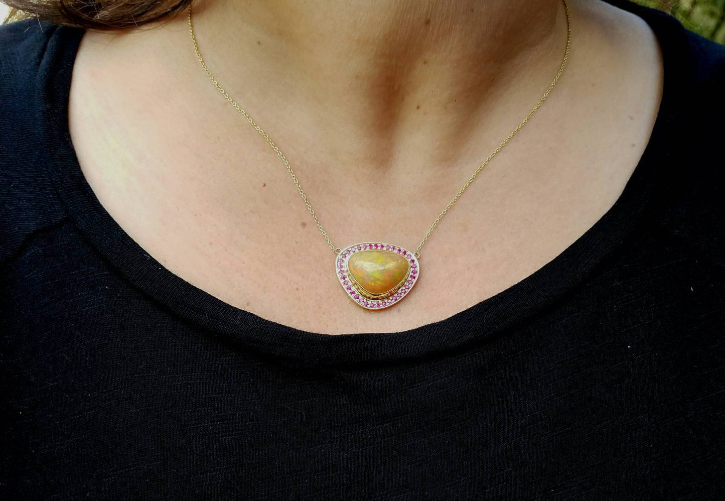 Opal & Ruby 14k Gold Pendant  Split Chain Necklace #1501
