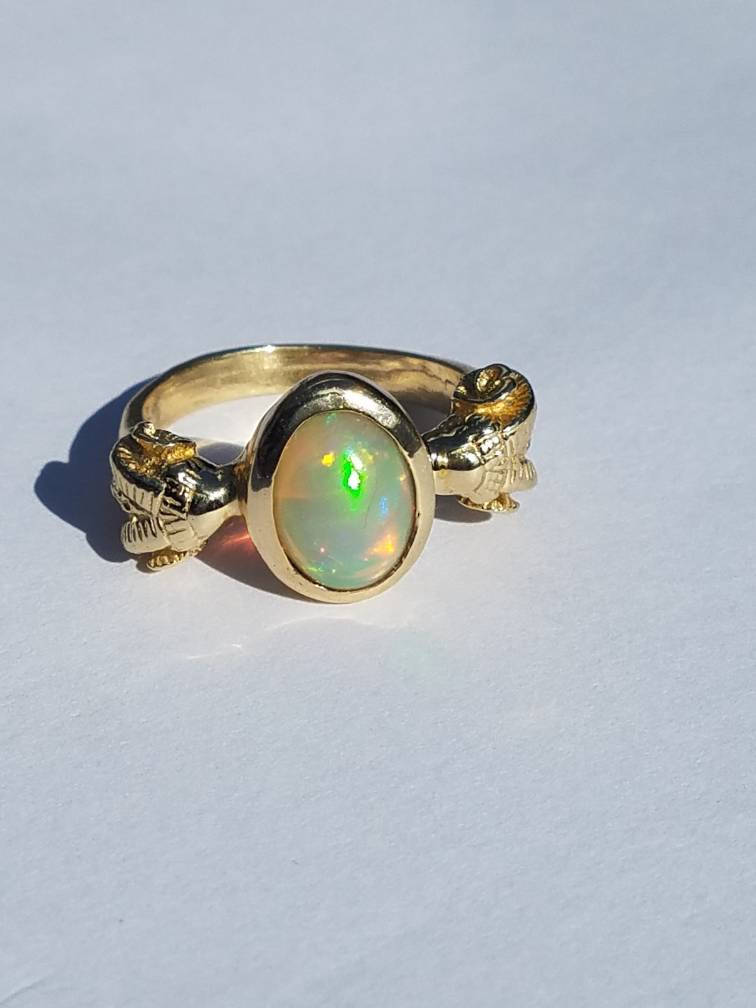 Opal Ring -  Ram Head Ring 14k Gold - Size 8  #1505