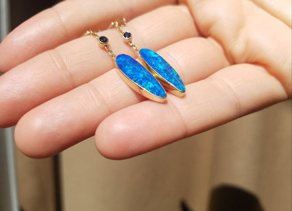 Blue Opal Dangle Earrings - 14k Gold