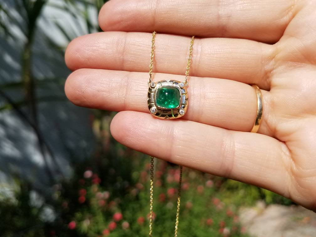 Emerald & Diamond Pendant - 14k Gold #1517