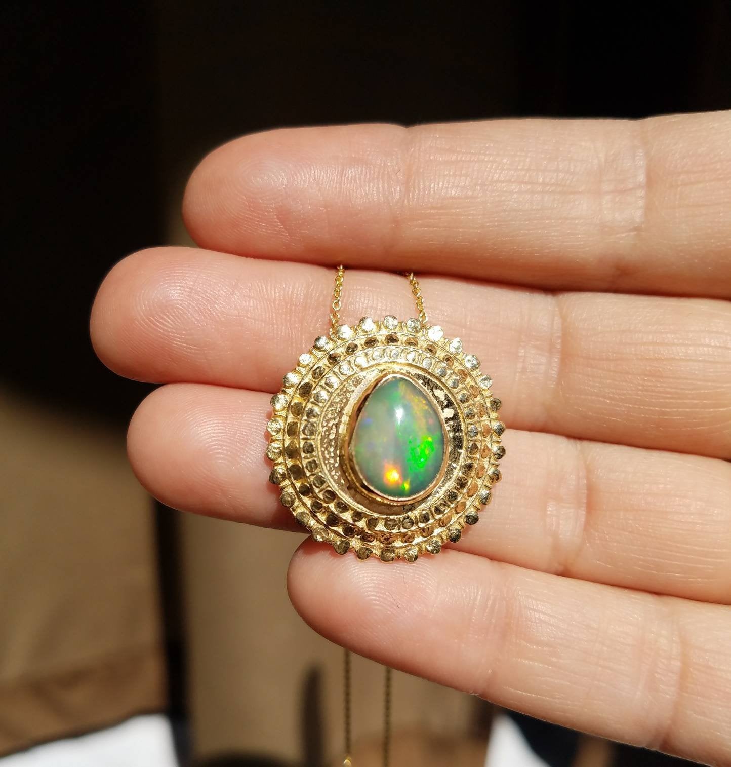 Opal Medallion Pendant 14k Gold Necklace