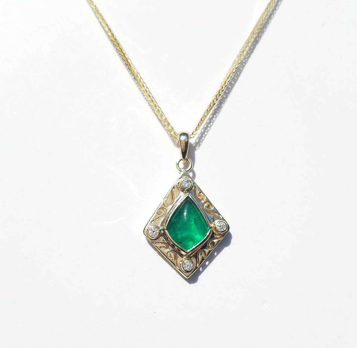 Emerald and Diamond Pendant - 14k Gold #1515