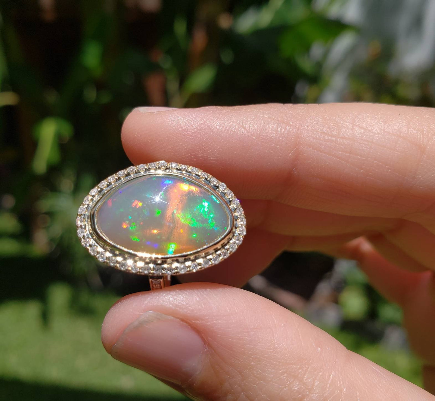 Ethiopian Opal & Diamonds Ring 14k Yellow Gold #1605