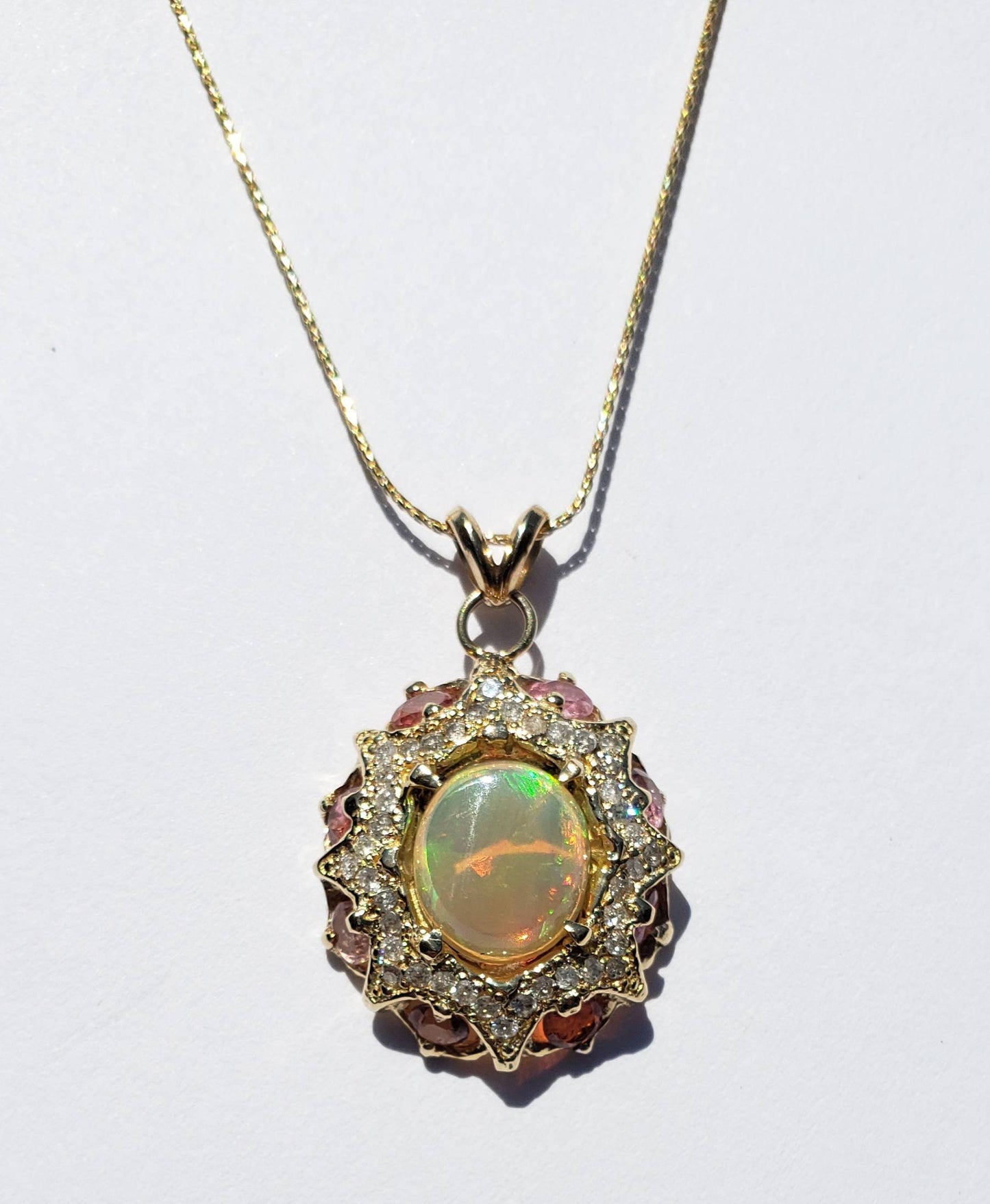 Opal & Pink Tourmaline Pendant 14k Gold  #1609