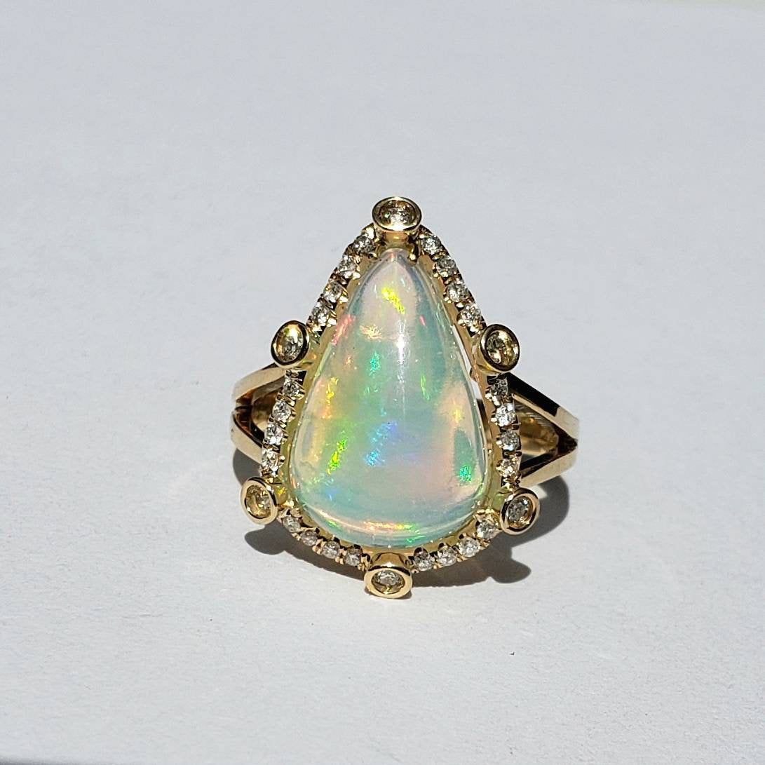 Ethiopian Opal Ring with Diamonds 14k Yellow Gold #1601