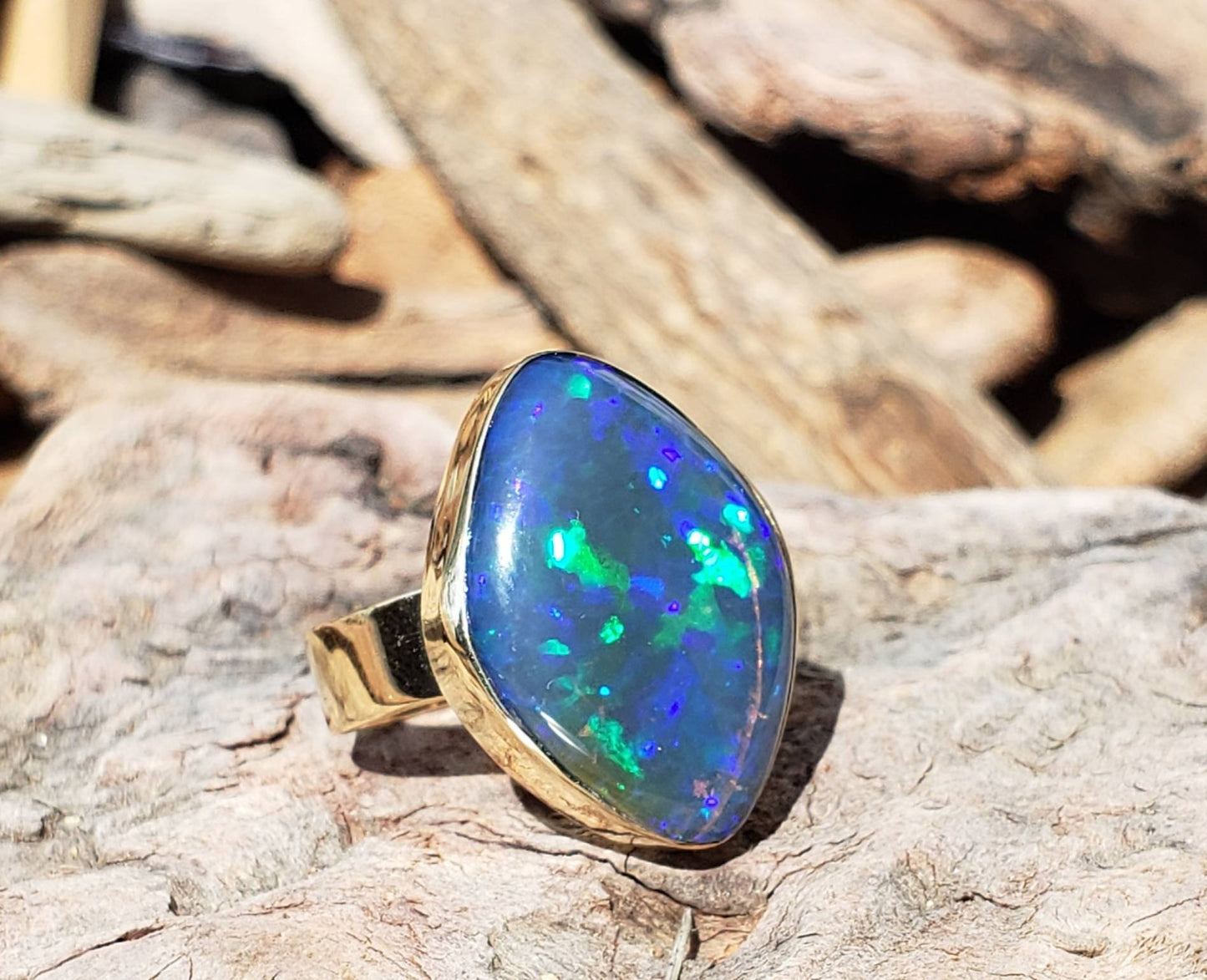 Large Blue Opal Doublet Ring 14k Yellow Gold