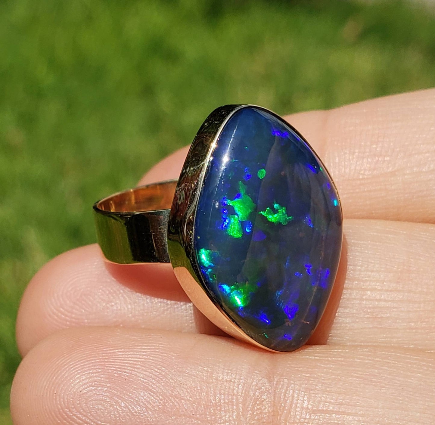 Large Blue Opal Doublet Ring 14k Yellow Gold