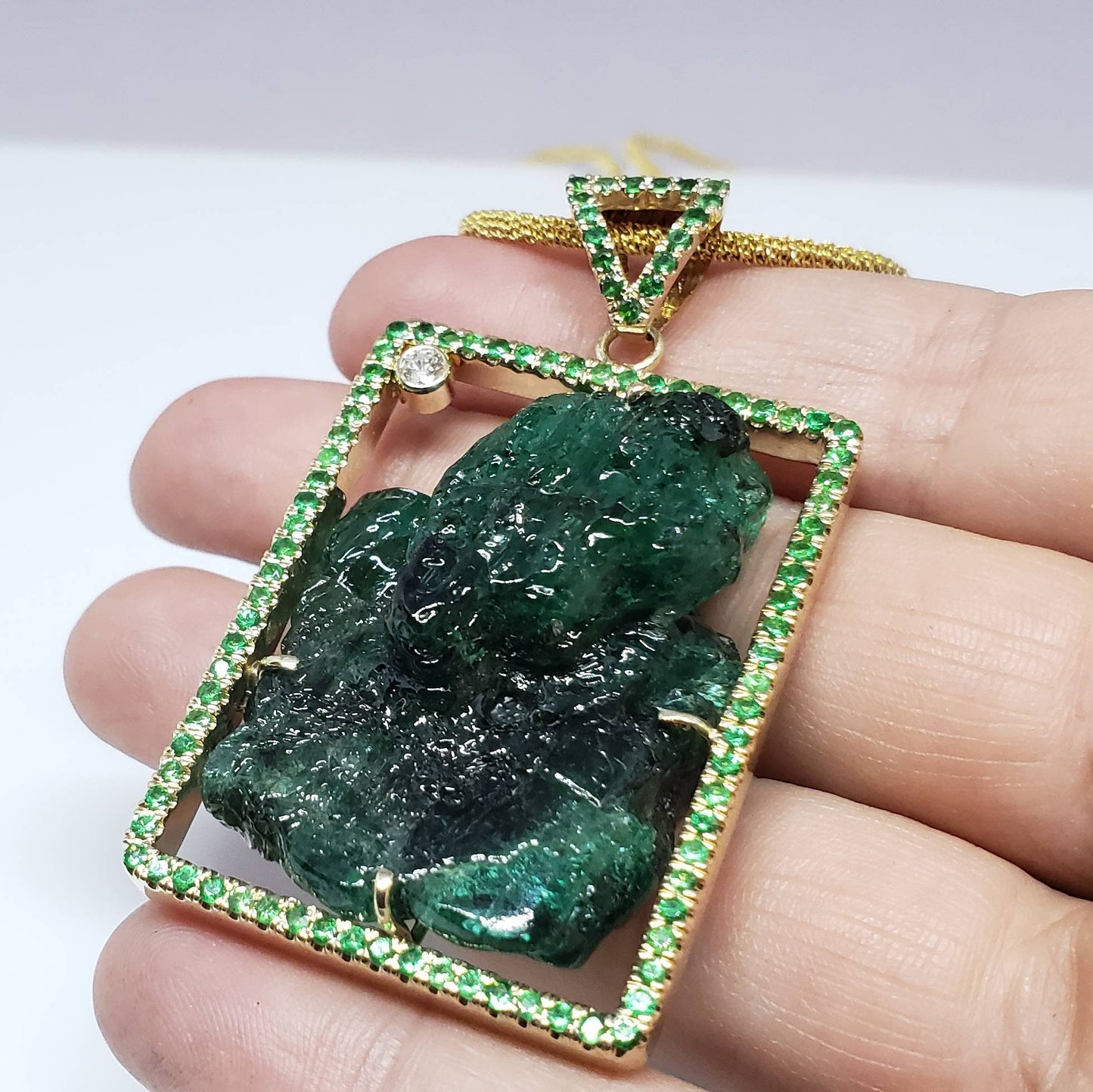 Emerald & Tsavorite Pendant - Carved Gemstone Jewelry 14k Gold