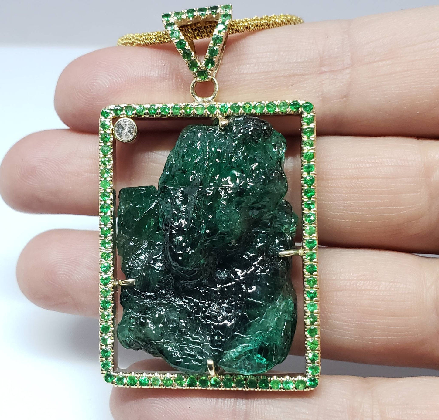 Emerald & Tsavorite Pendant - Carved Gemstone Jewelry 14k Gold
