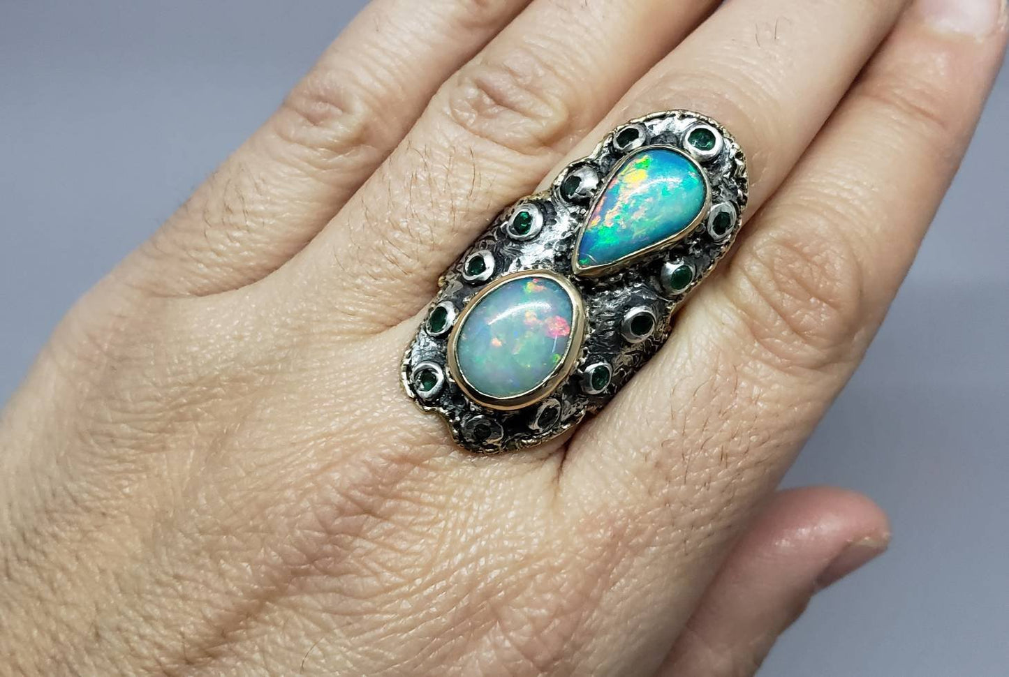 Rustic Opal Ring - 14k Gold - Sterling Silver & Gold y #1628